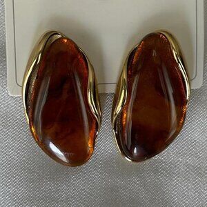 Large gold and brown amber stone earrings